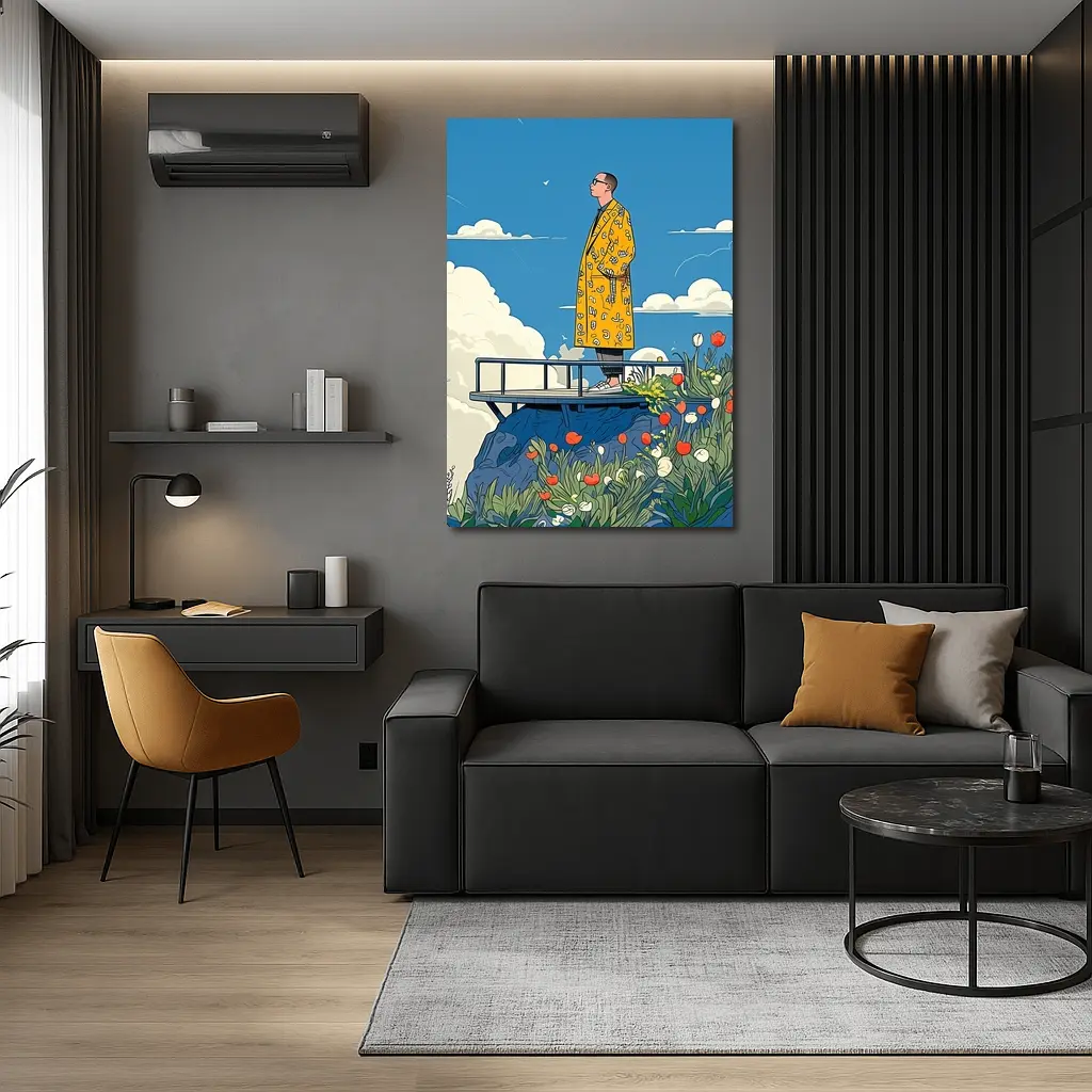 Man Yellow Coat Standing Flowers Blue Sky – Wall Art