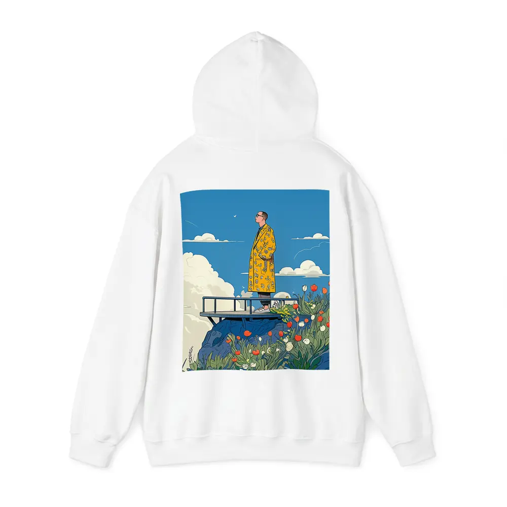 Man Yellow Coat Standing Flowers Blue Sky – Hoodies