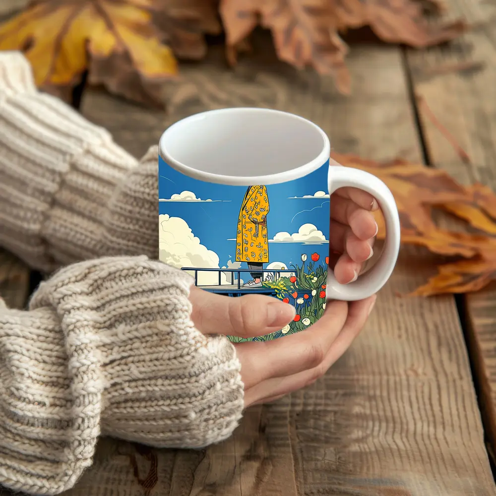 Man Yellow Coat Standing Flowers Blue Sky – Mugs