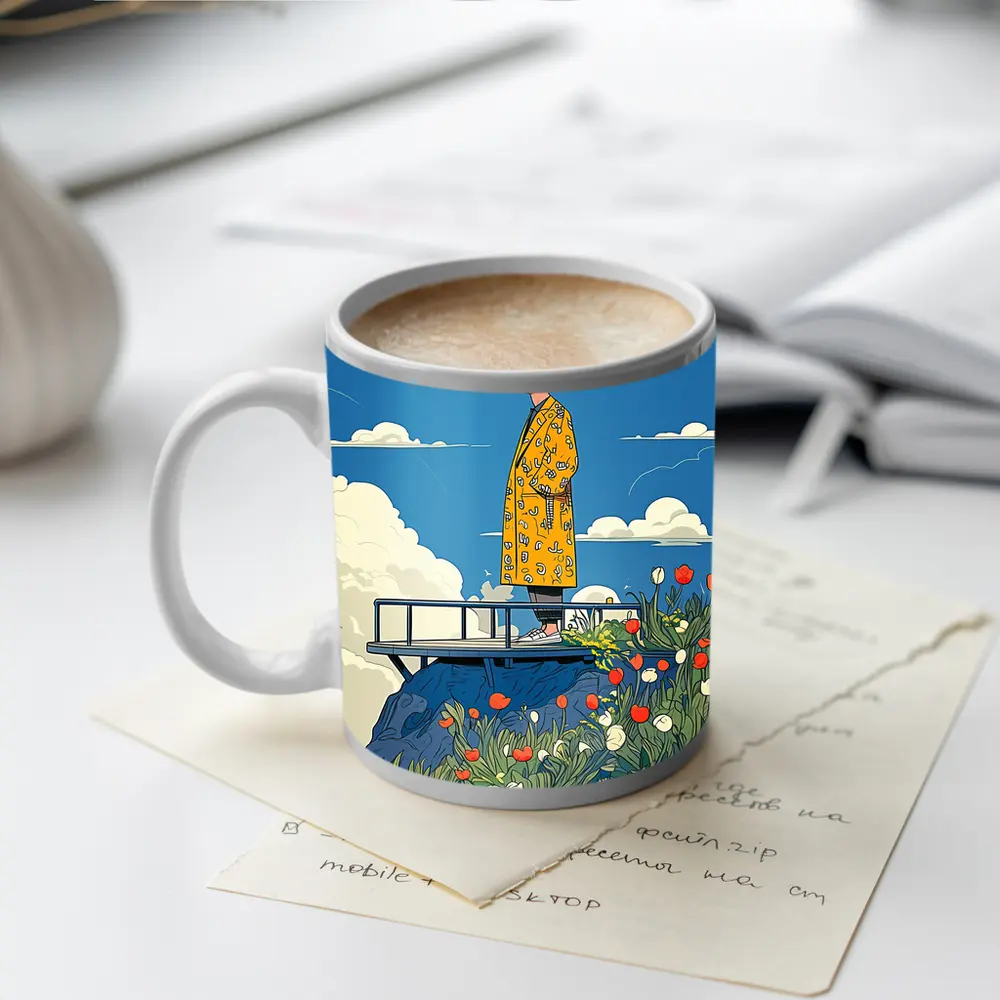 Man Yellow Coat Standing Flowers Blue Sky – Mugs