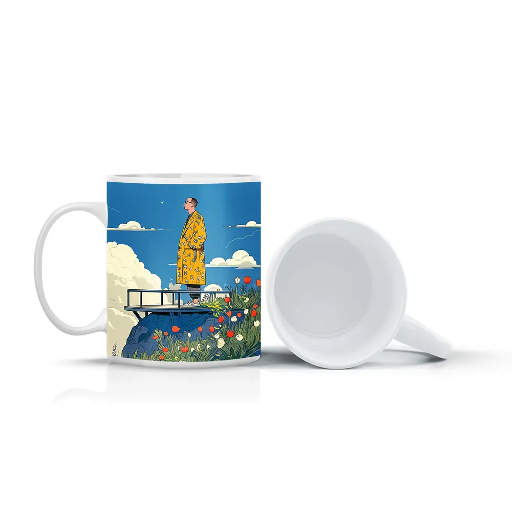 Man Yellow Coat Standing Flowers Blue Sky – Mugs