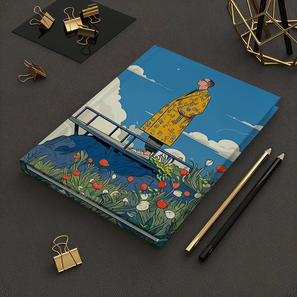 Man Yellow Coat Standing Flowers Blue Sky – Notebooks