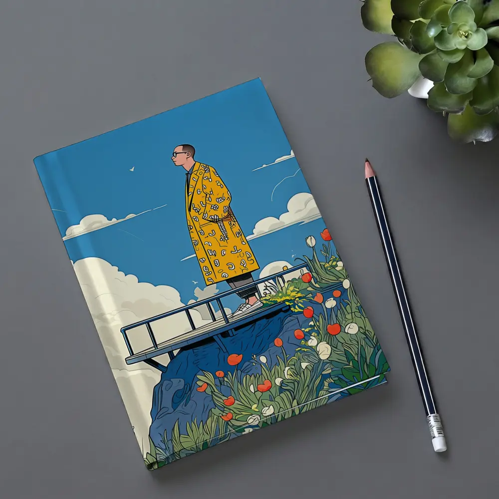 Man Yellow Coat Standing Flowers Blue Sky – Notebooks
