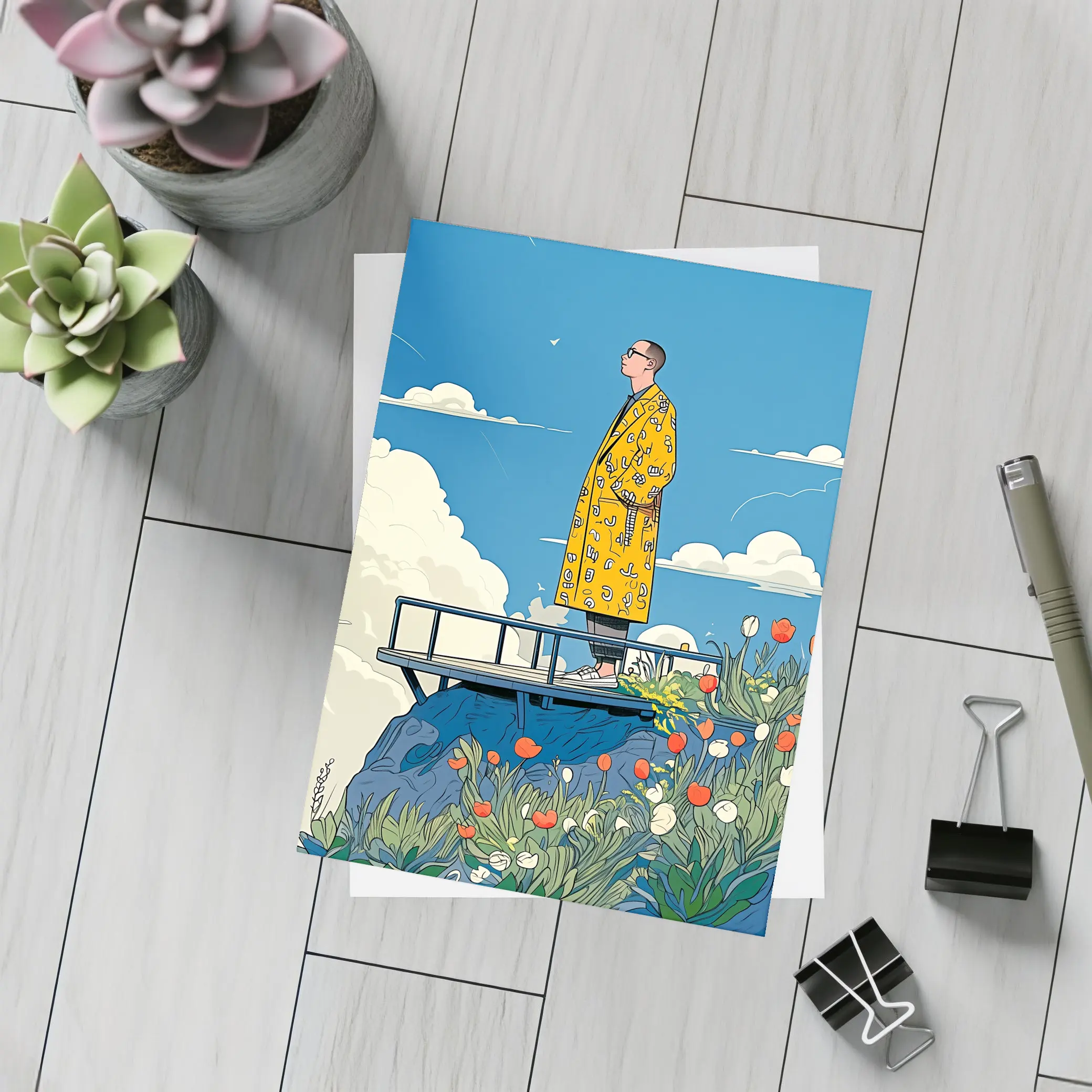 Man Yellow Coat Standing Flowers Blue Sky – Postcards