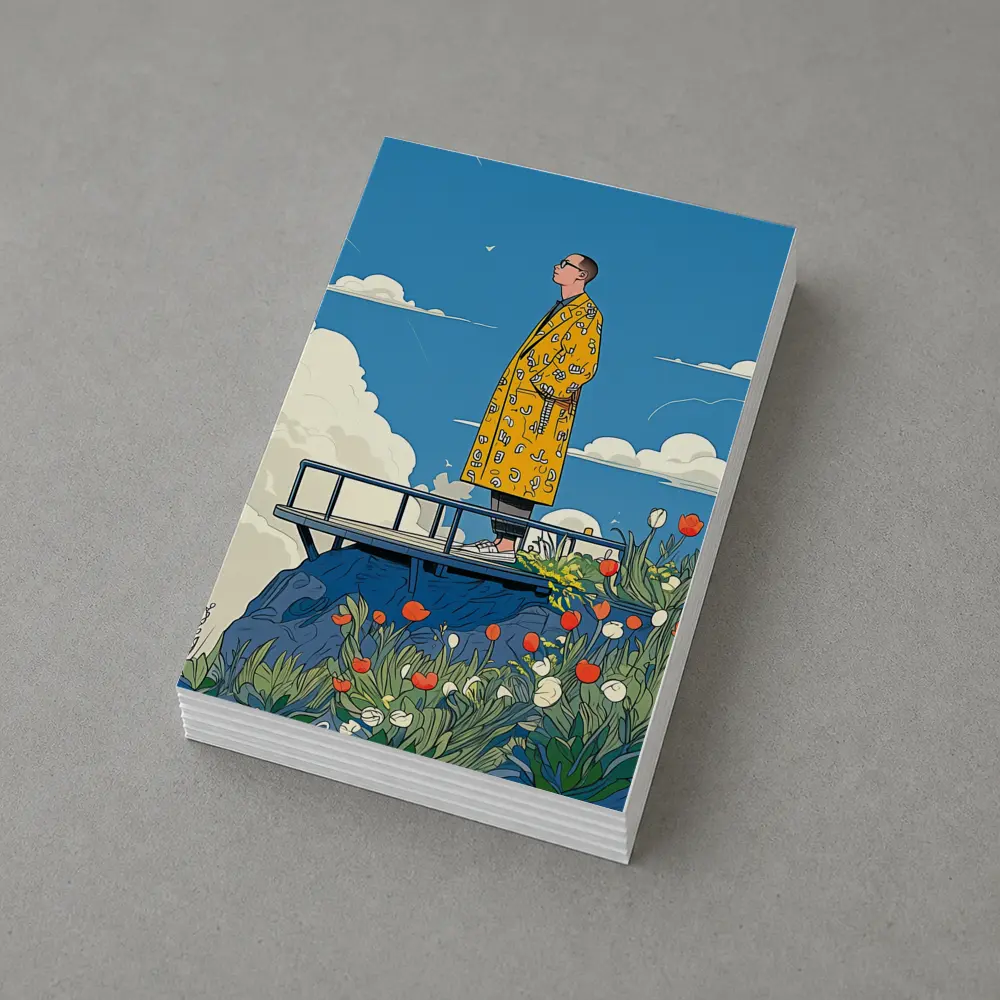 Man Yellow Coat Standing Flowers Blue Sky – Postcards