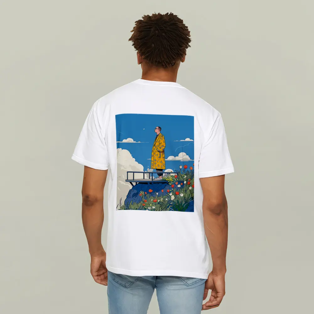 Man Yellow Coat Standing Flowers Blue Sky – T-Shirts