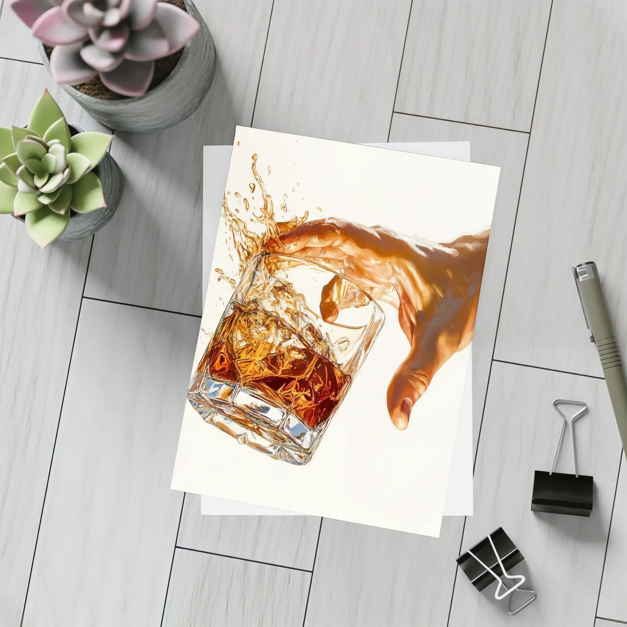 Whiskey Glass Splash Hand White Background – Postcards