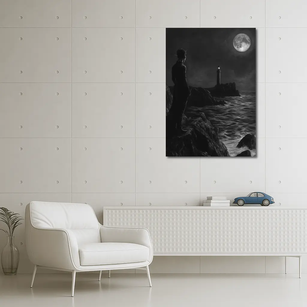 Dark Figure Lighthouse Moonlit Coastal Night – Wall Art