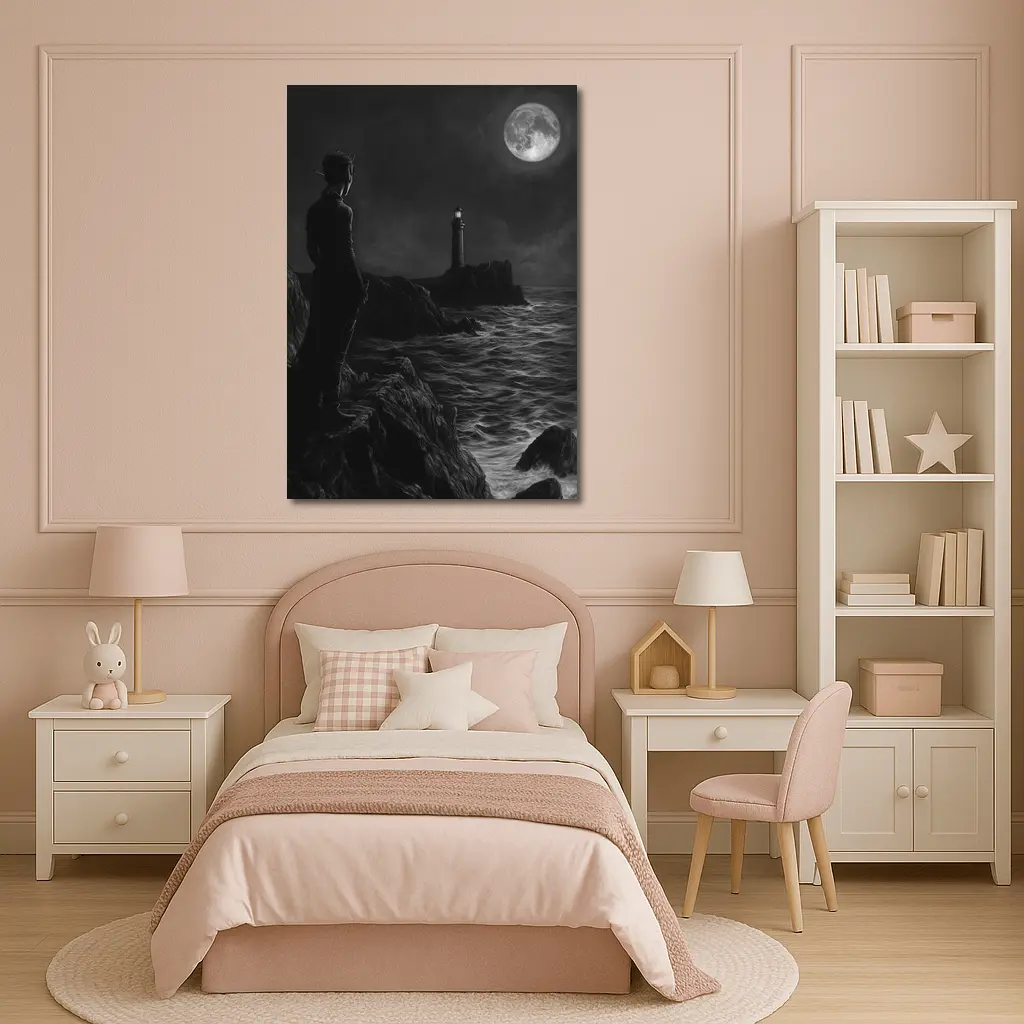 Dark Figure Lighthouse Moonlit Coastal Night – Wall Art
