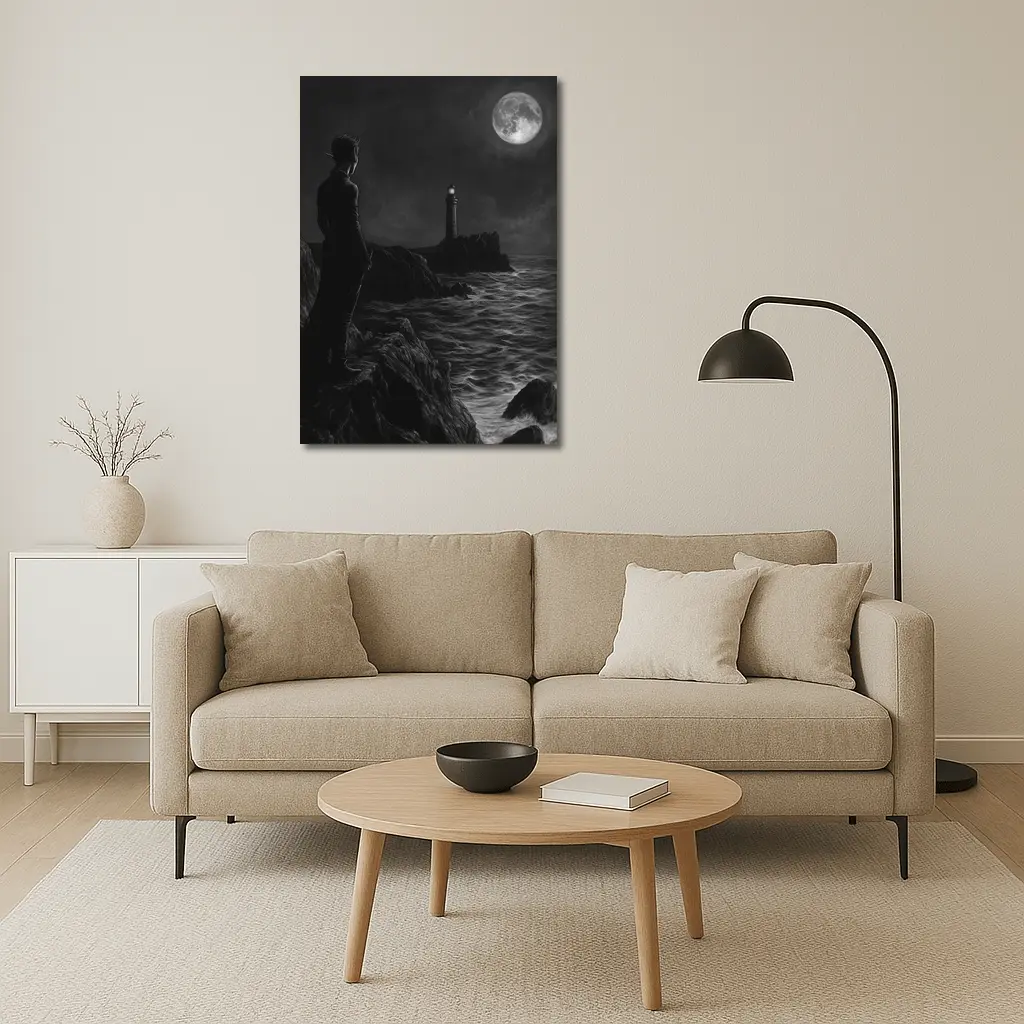 Dark Figure Lighthouse Moonlit Coastal Night – Wall Art