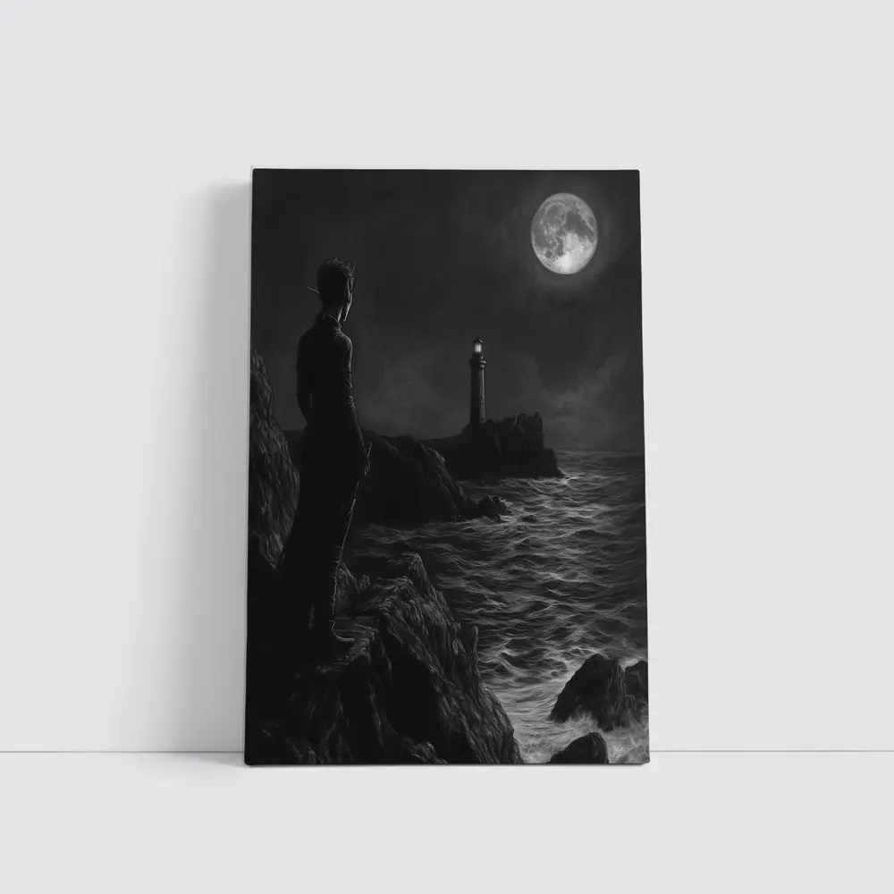 Dark Figure Lighthouse Moonlit Coastal Night – Wall Art