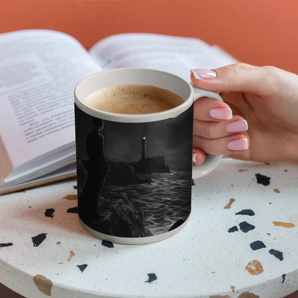 Dark Figure Lighthouse Moonlit Coastal Night – Mugs