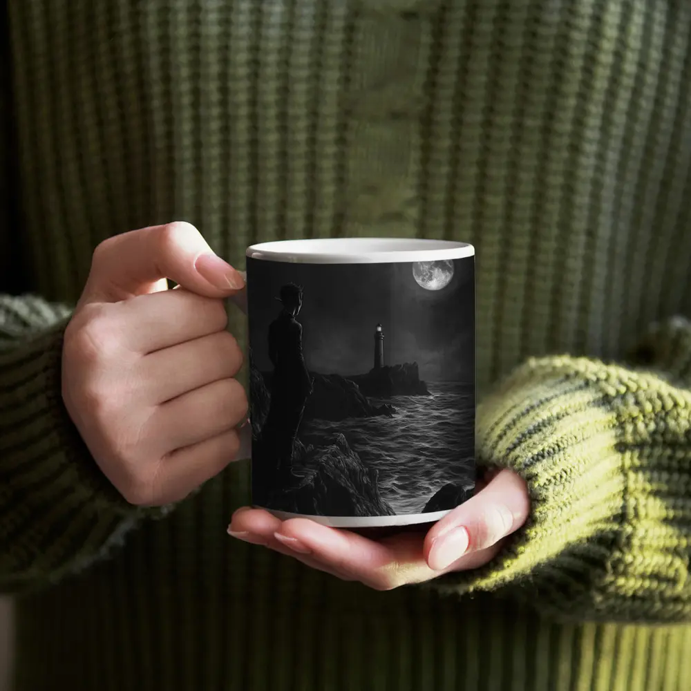 Dark Figure Lighthouse Moonlit Coastal Night – Mugs