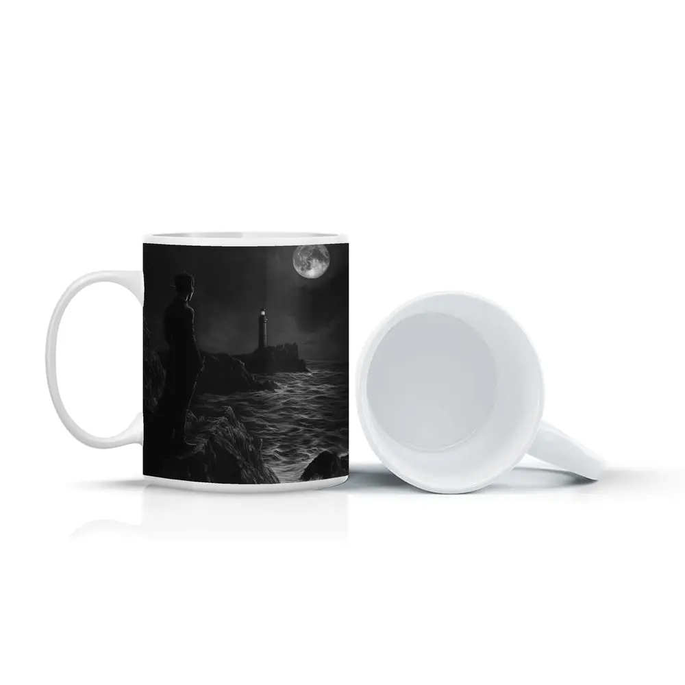 Dark Figure Lighthouse Moonlit Coastal Night – Mugs