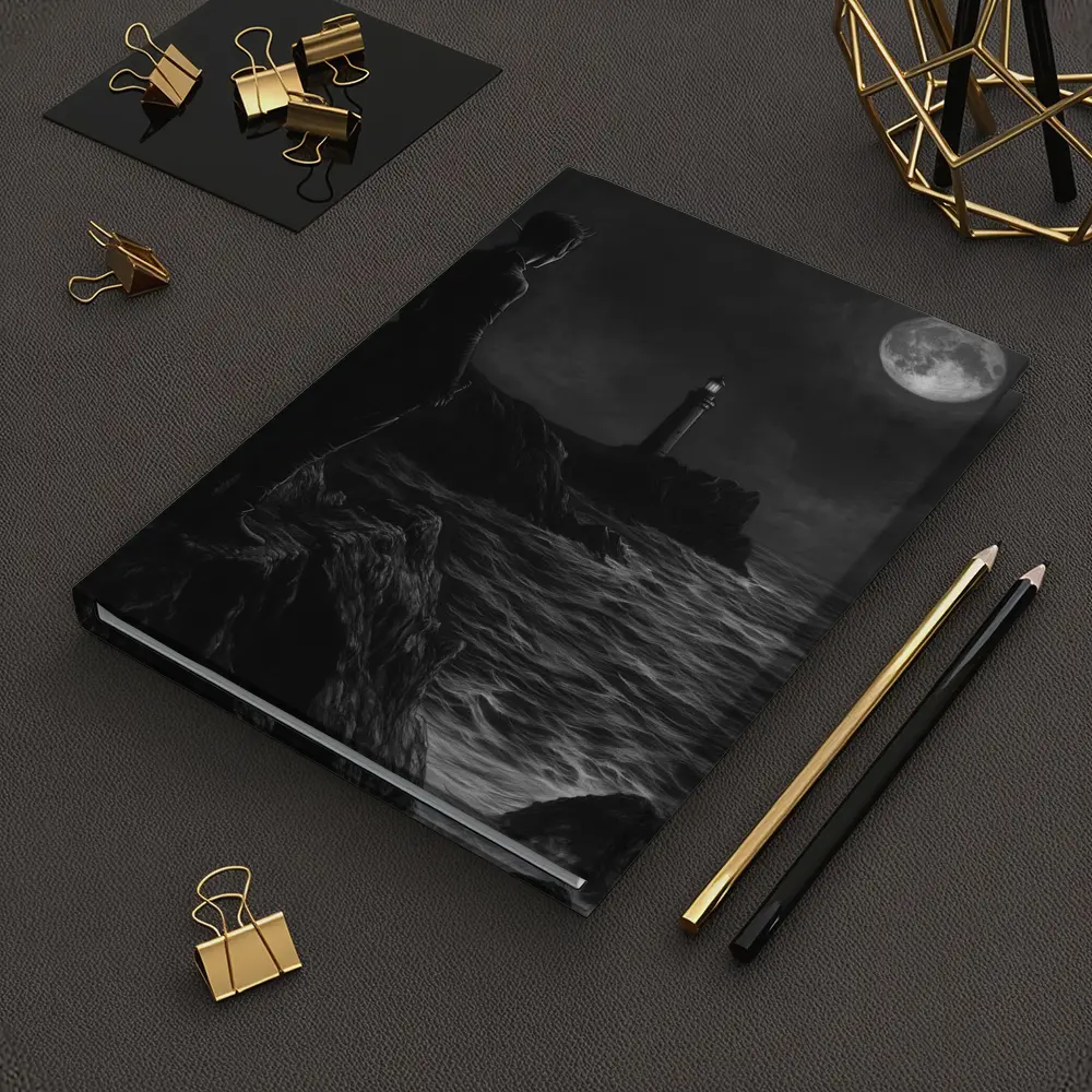Dark Figure Lighthouse Moonlit Coastal Night – Notebooks