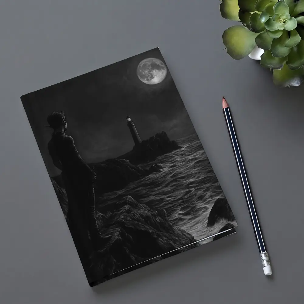 Dark Figure Lighthouse Moonlit Coastal Night – Notebooks