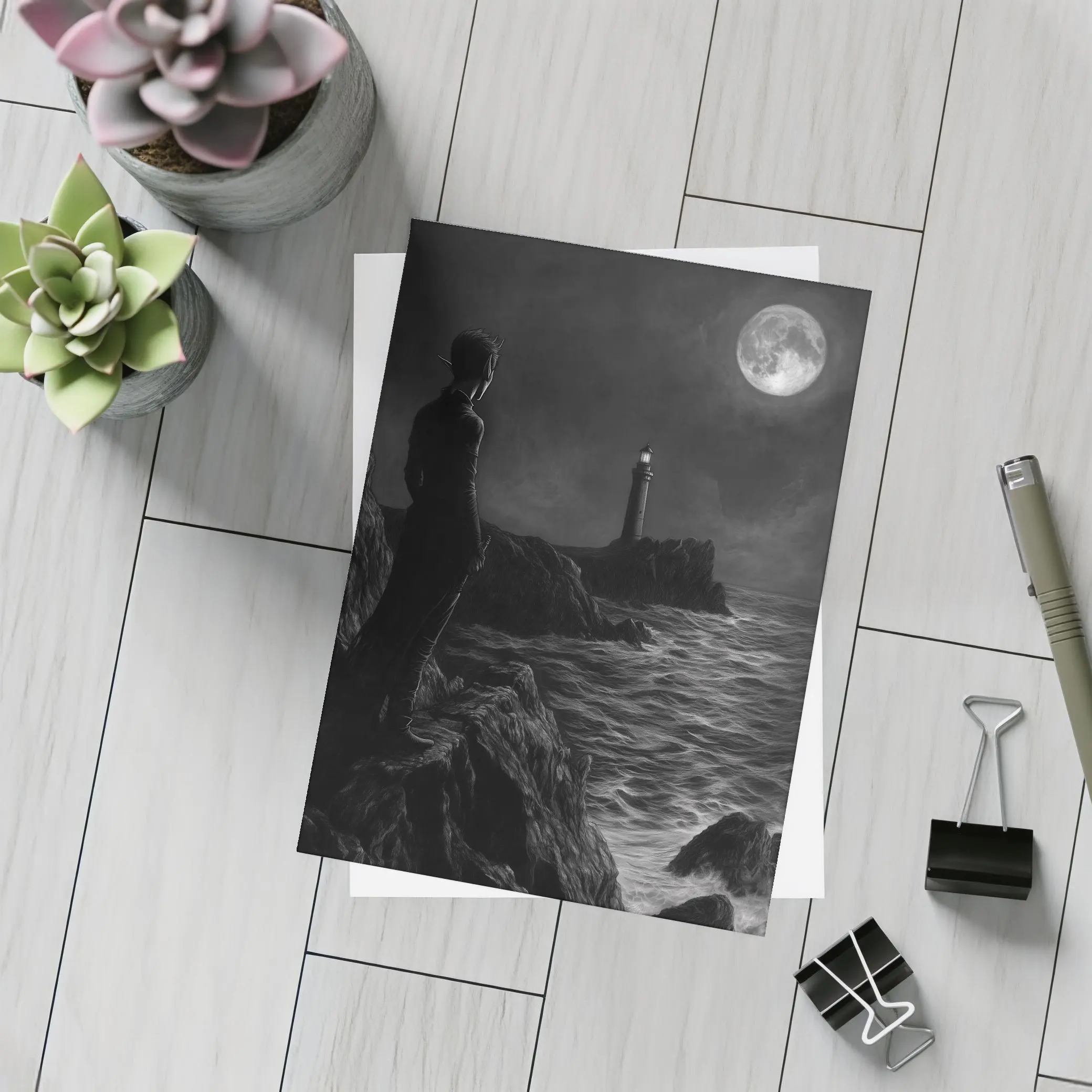 Dark Figure Lighthouse Moonlit Coastal Night – Postcards