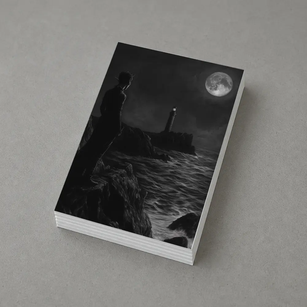 Dark Figure Lighthouse Moonlit Coastal Night – Postcards