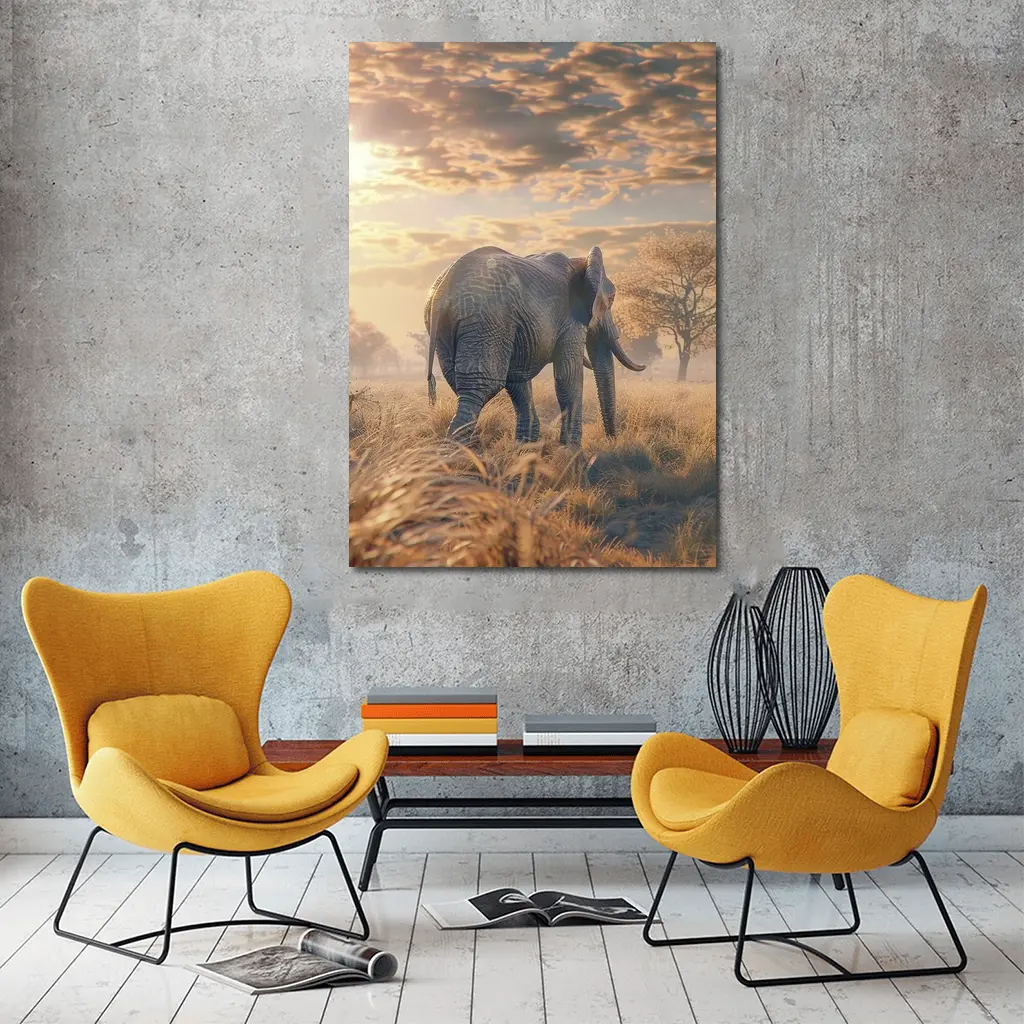 African Elephant Walking Through Golden Savanna – Wall Art