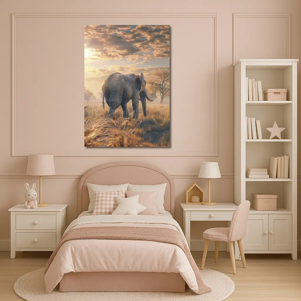 African Elephant Walking Through Golden Savanna – Wall Art