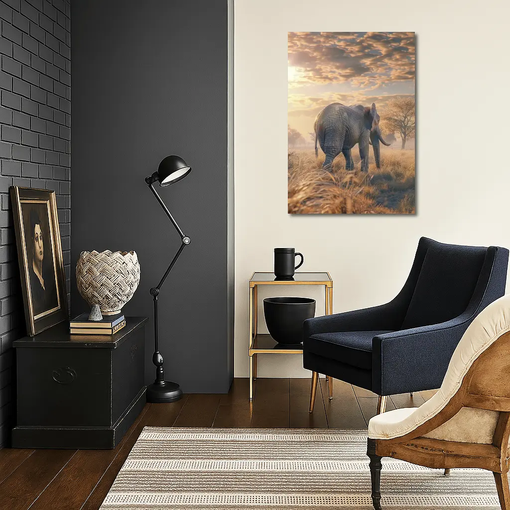 African Elephant Walking Through Golden Savanna – Wall Art