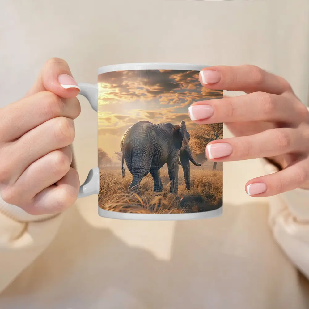 African Elephant Walking Through Golden Savanna – Mugs