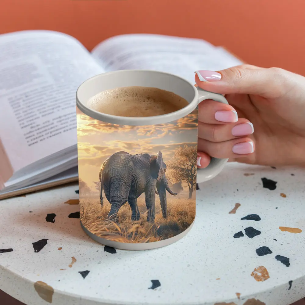 African Elephant Walking Through Golden Savanna – Mugs