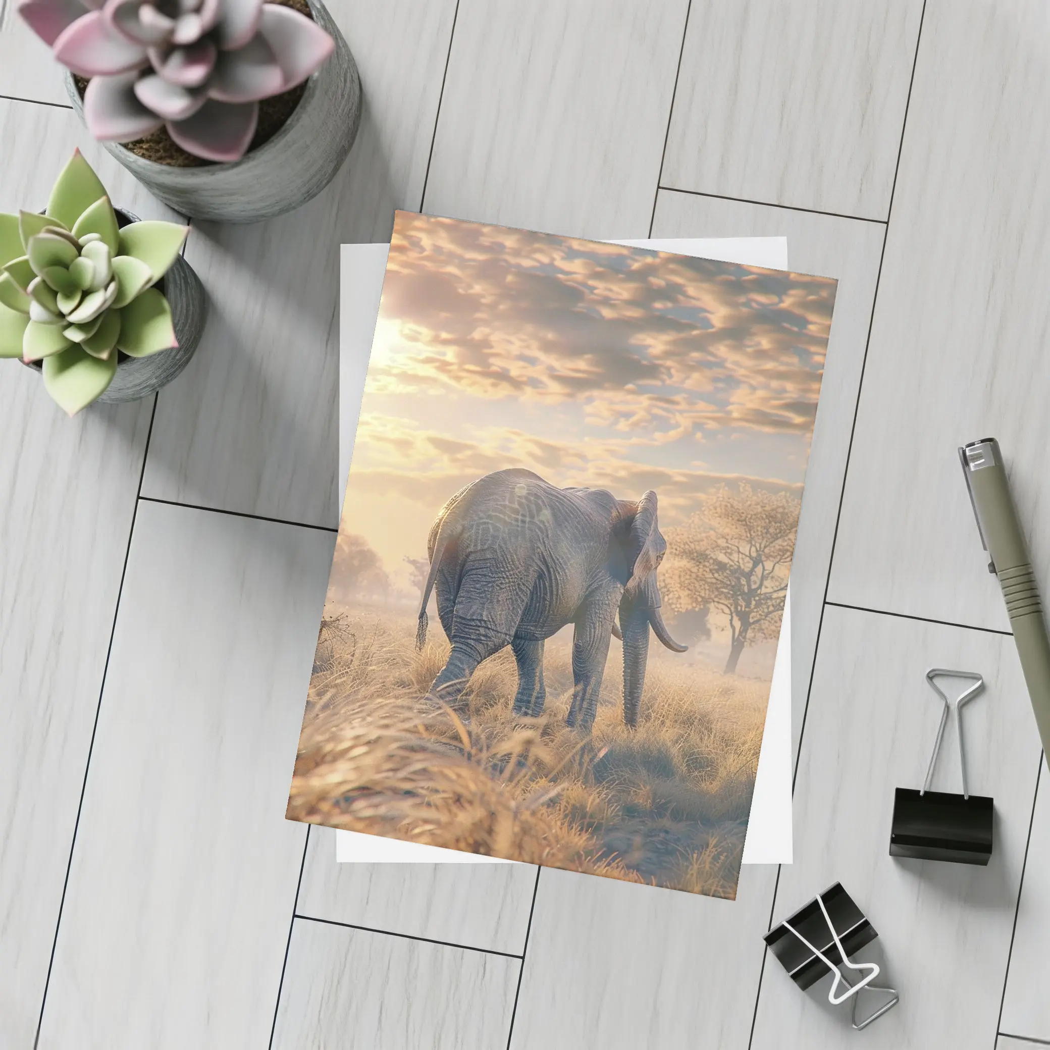 African Elephant Walking Through Golden Savanna – Postcards