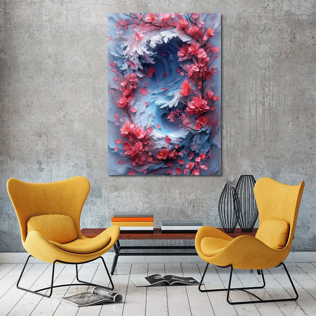 Cherry Blossoms Swirling Ocean Wave Art – Wall Art