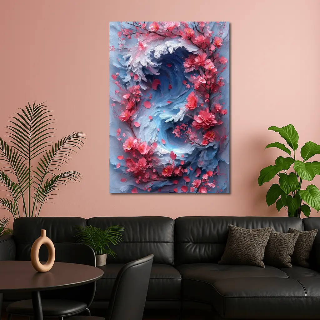 Cherry Blossoms Swirling Ocean Wave Art – Wall Art