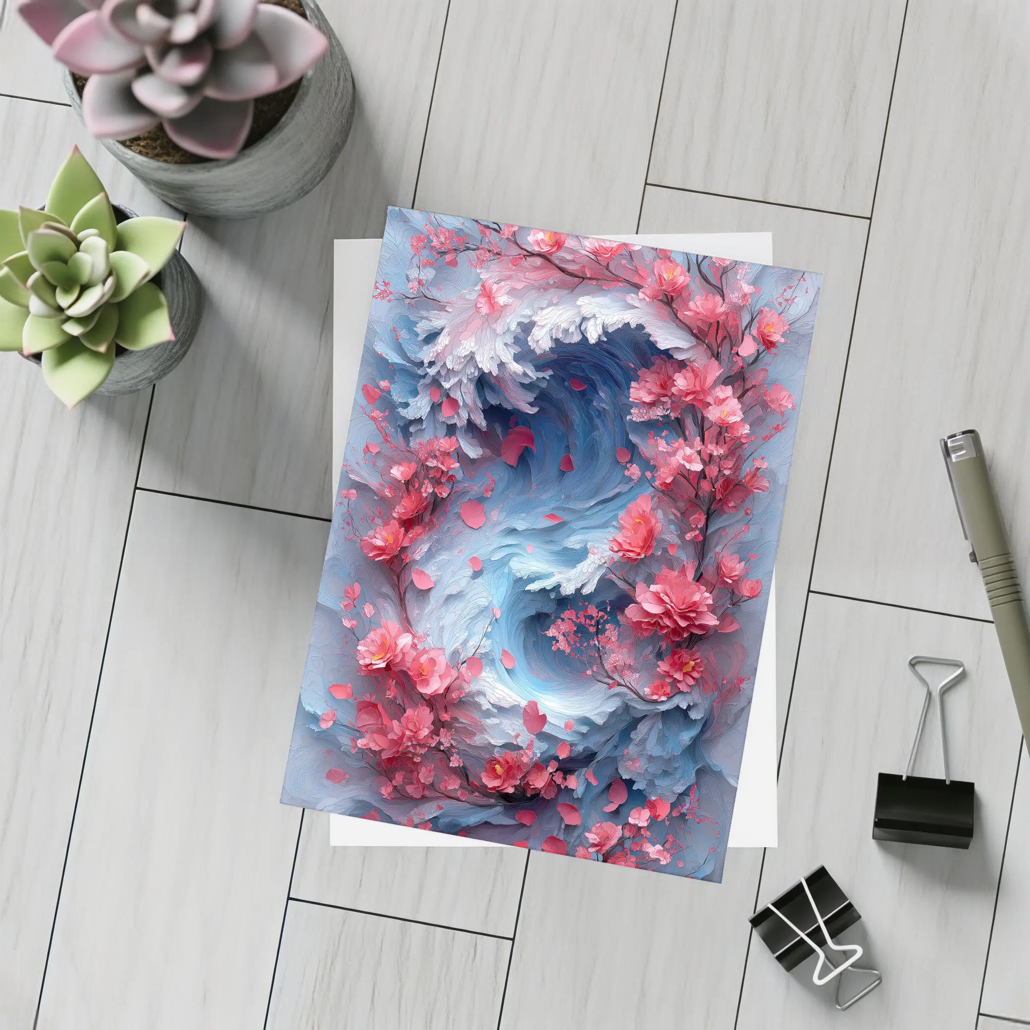 Cherry Blossoms Swirling Ocean Wave Art – Postcards