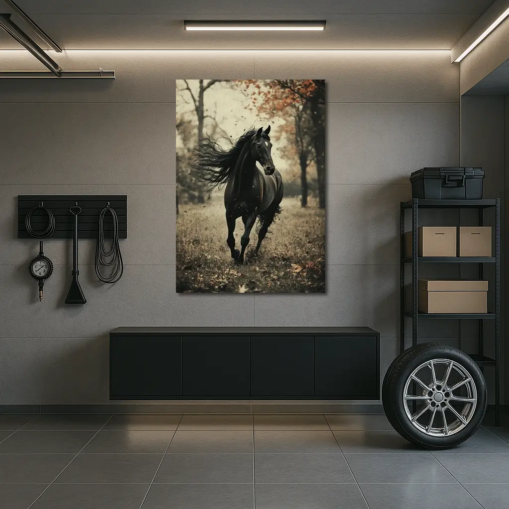 Black Horse Running Through Autumn Forest – Wall Art