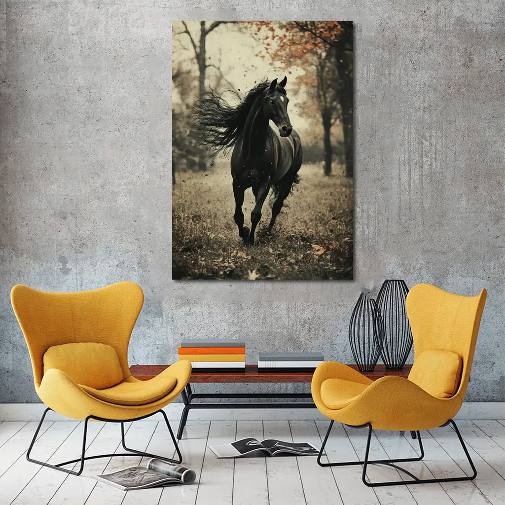 Black Horse Running Through Autumn Forest – Wall Art