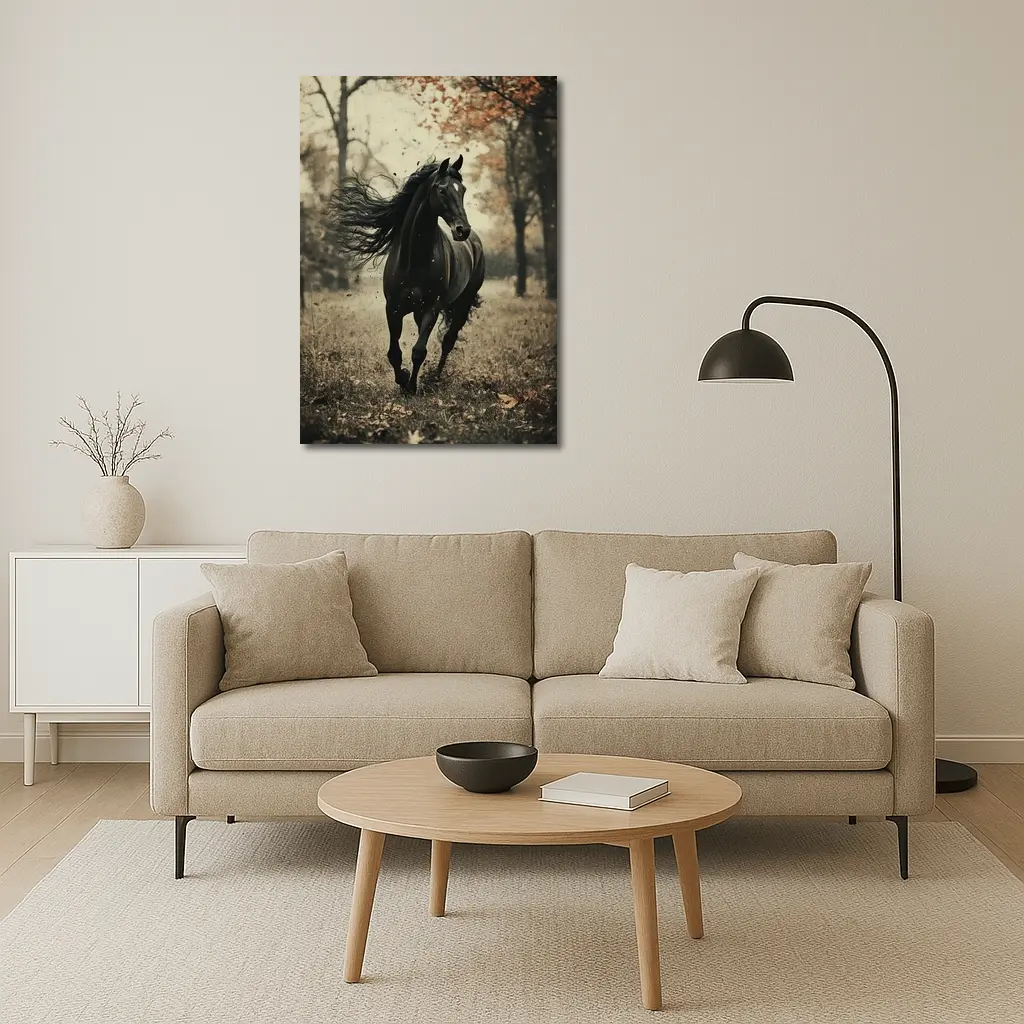 Black Horse Running Through Autumn Forest – Wall Art