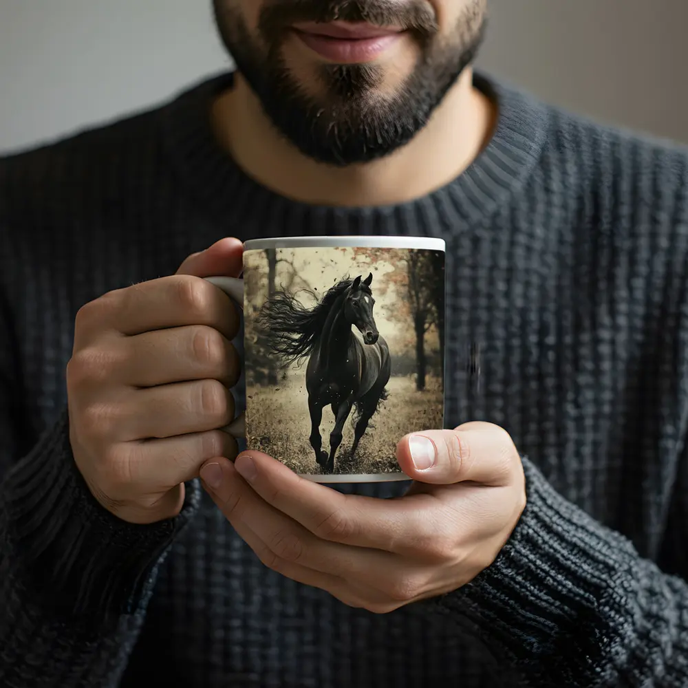 Black Horse Running Through Autumn Forest – Mugs