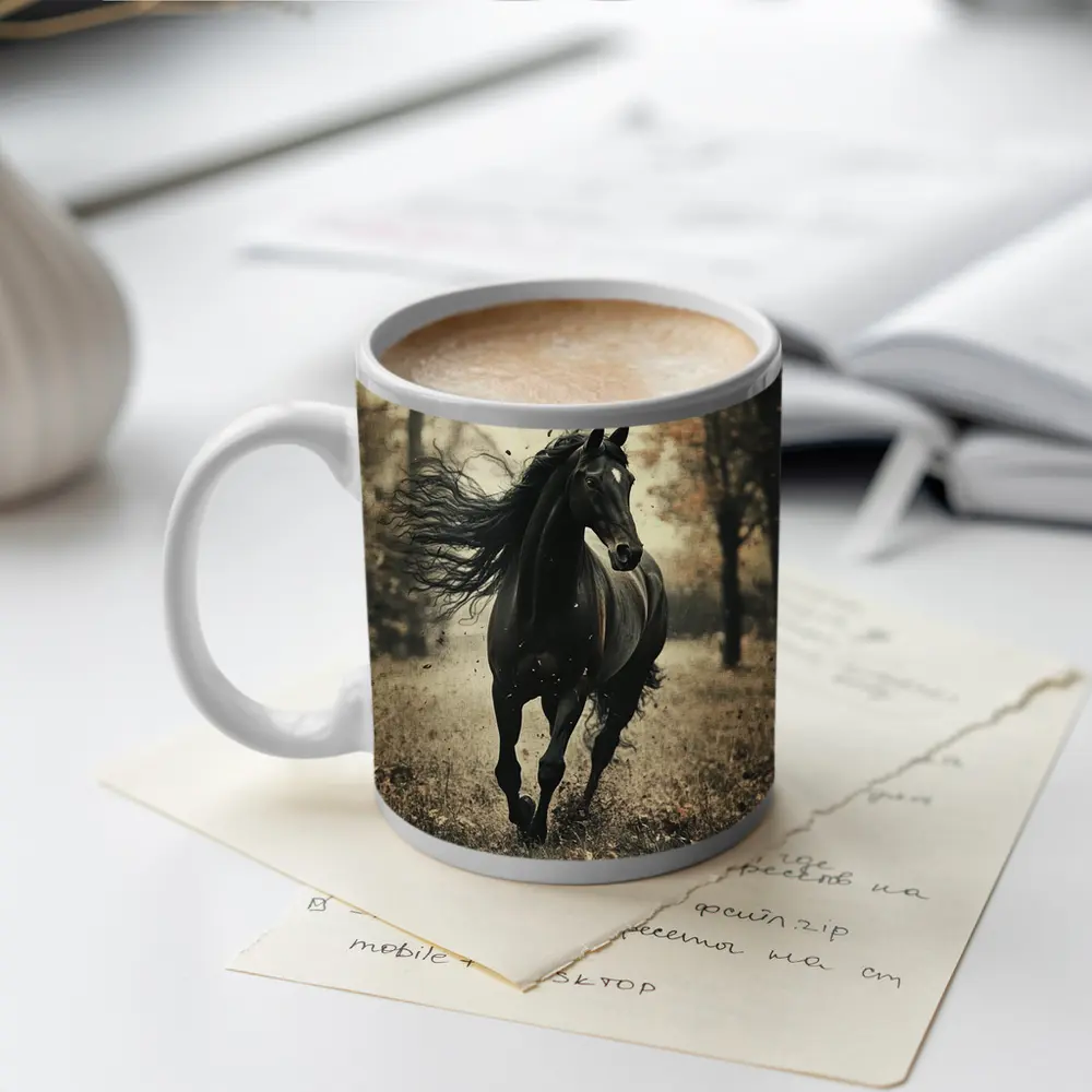 Black Horse Running Through Autumn Forest – Mugs
