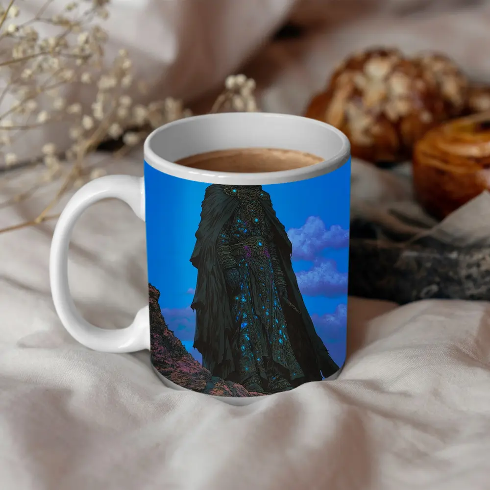 Dark Fantasy Sorcerer Standing On Rocky Cliffs – Mugs