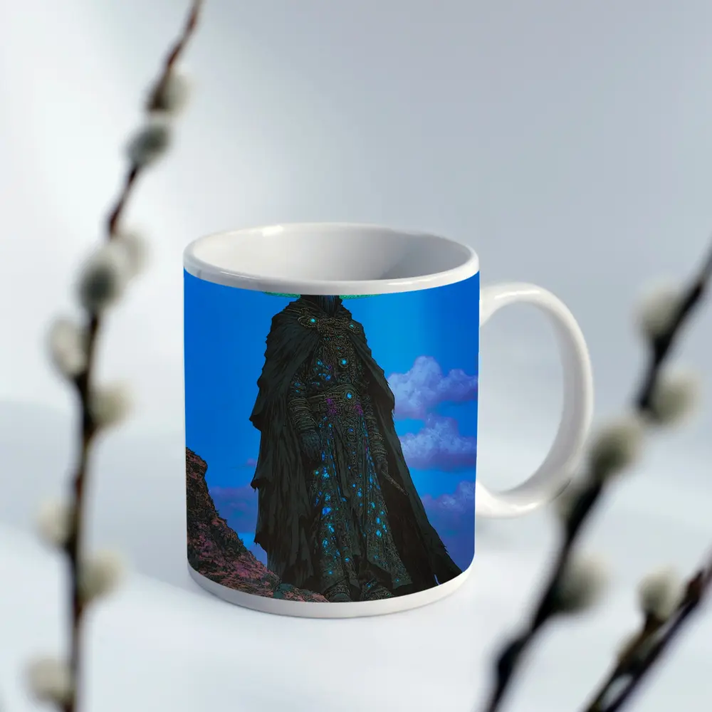 Dark Fantasy Sorcerer Standing On Rocky Cliffs – Mugs