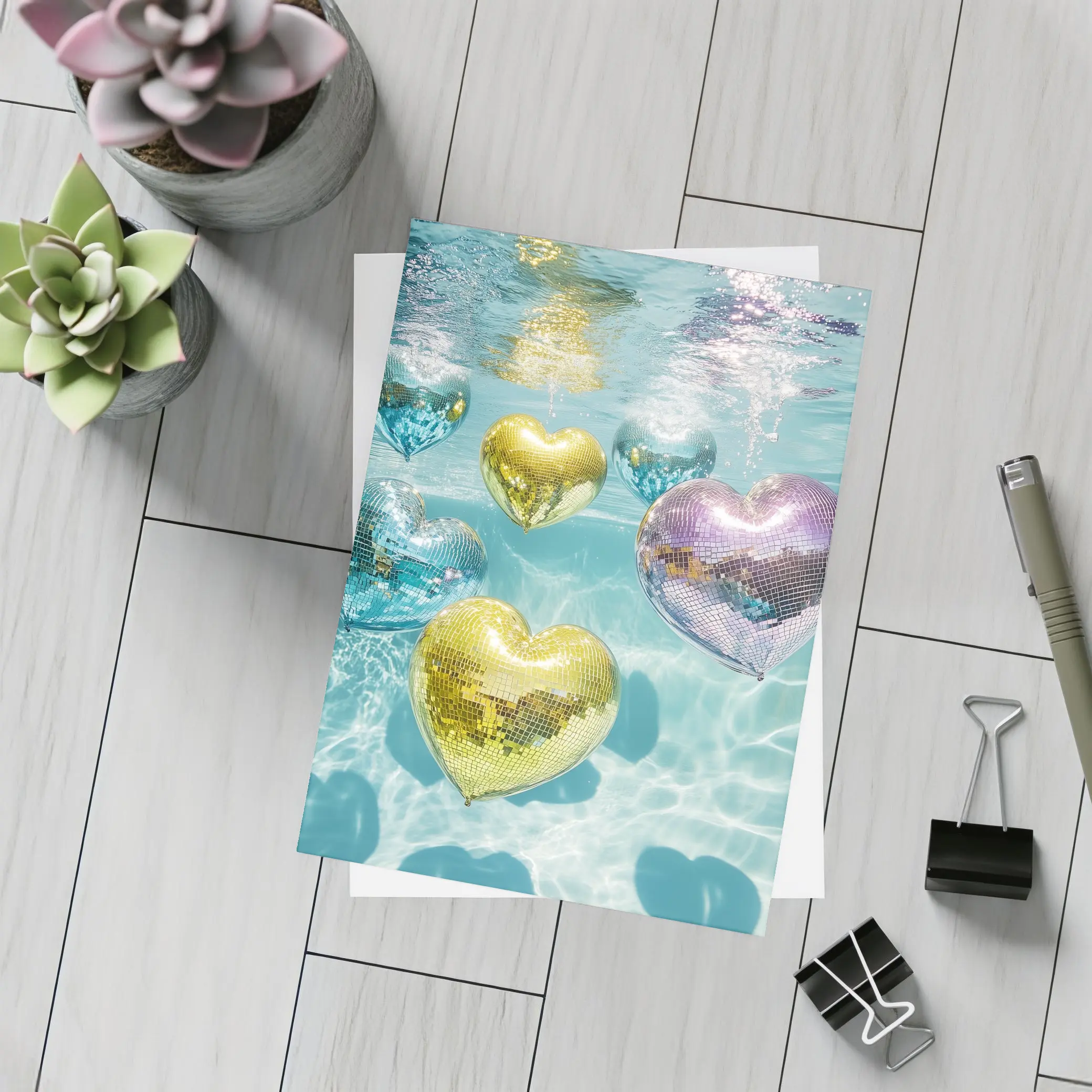 Disco Ball Hearts Floating Underwater Pool – Postcards