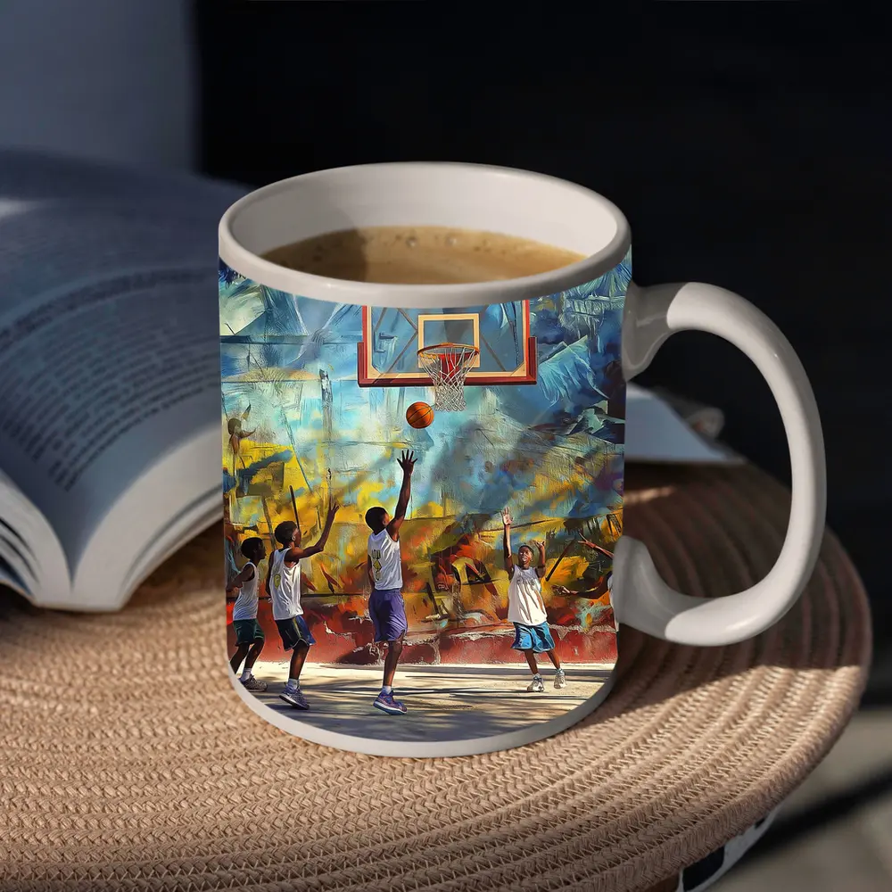Kids Playing Basketball Urban Mural Wall – Mugs