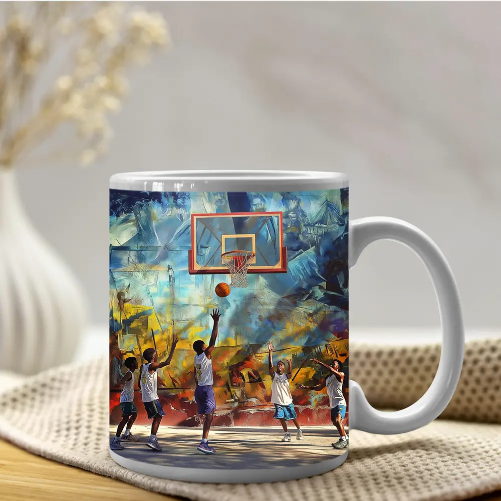 Kids Playing Basketball Urban Mural Wall – Mugs