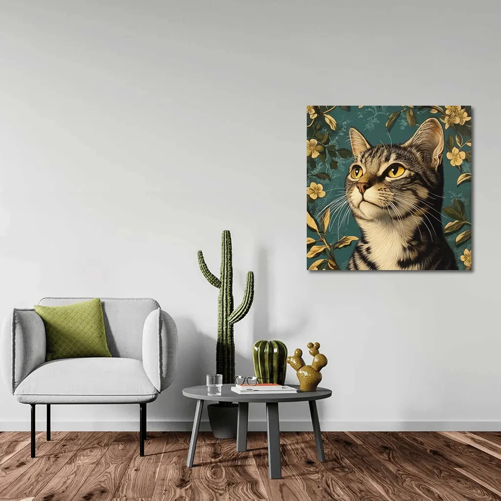 Tabby Cat Portrait Teal Floral Background – Wall Art