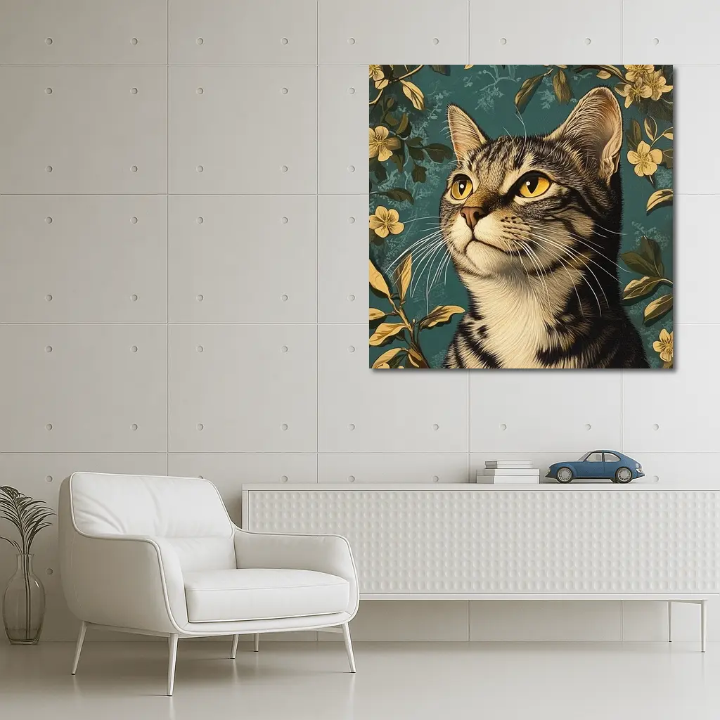 Tabby Cat Portrait Teal Floral Background – Wall Art