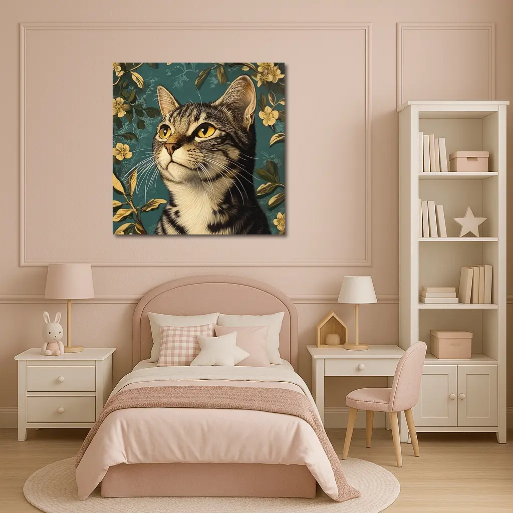 Tabby Cat Portrait Teal Floral Background – Wall Art