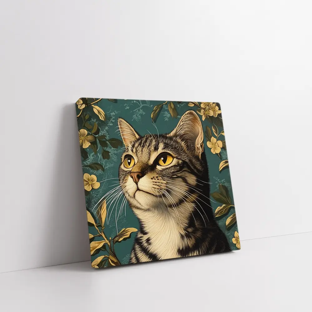 Tabby Cat Portrait Teal Floral Background – Wall Art