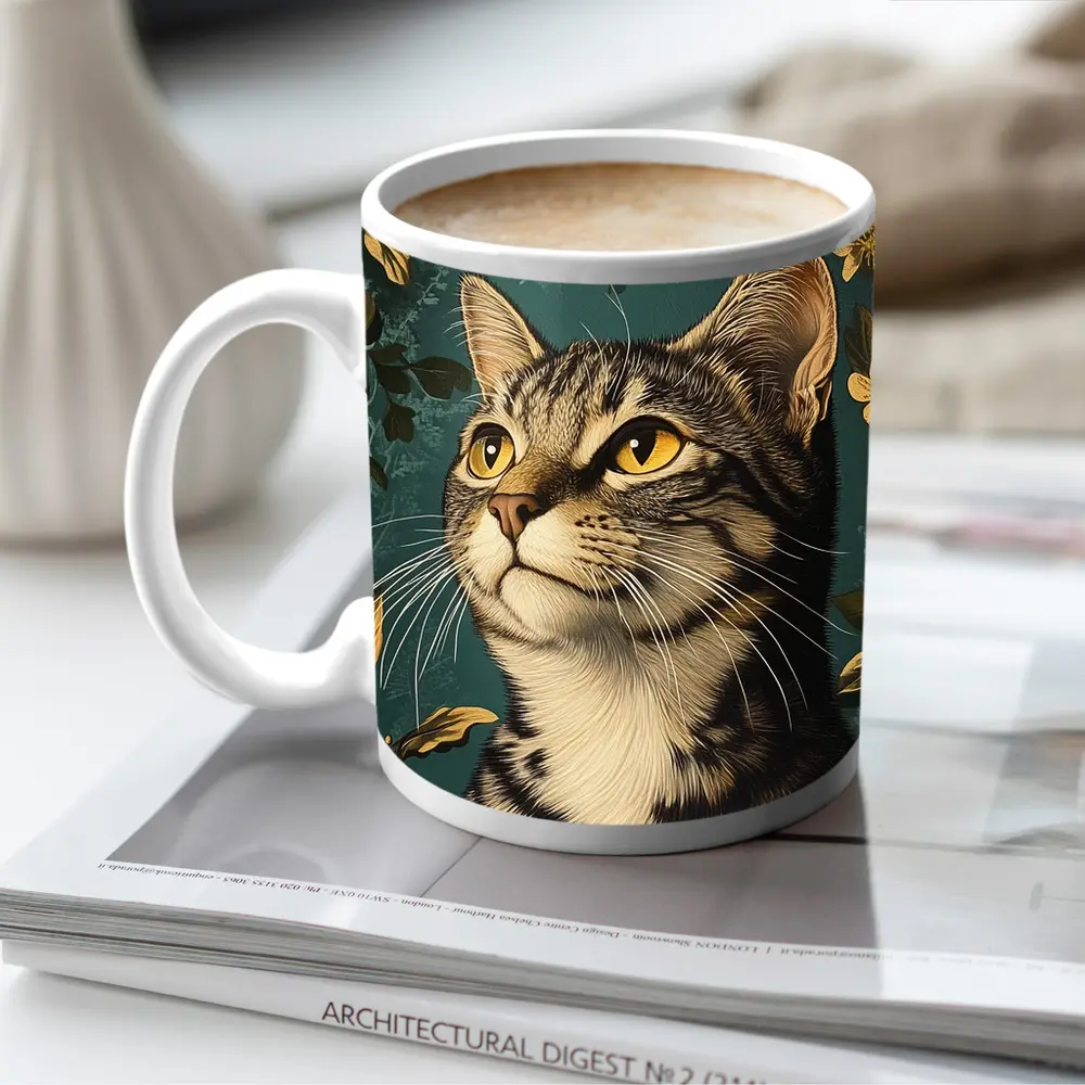 Tabby Cat Portrait Teal Floral Background – Mugs