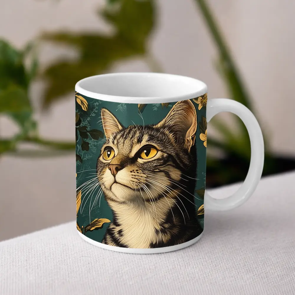 Tabby Cat Portrait Teal Floral Background – Mugs