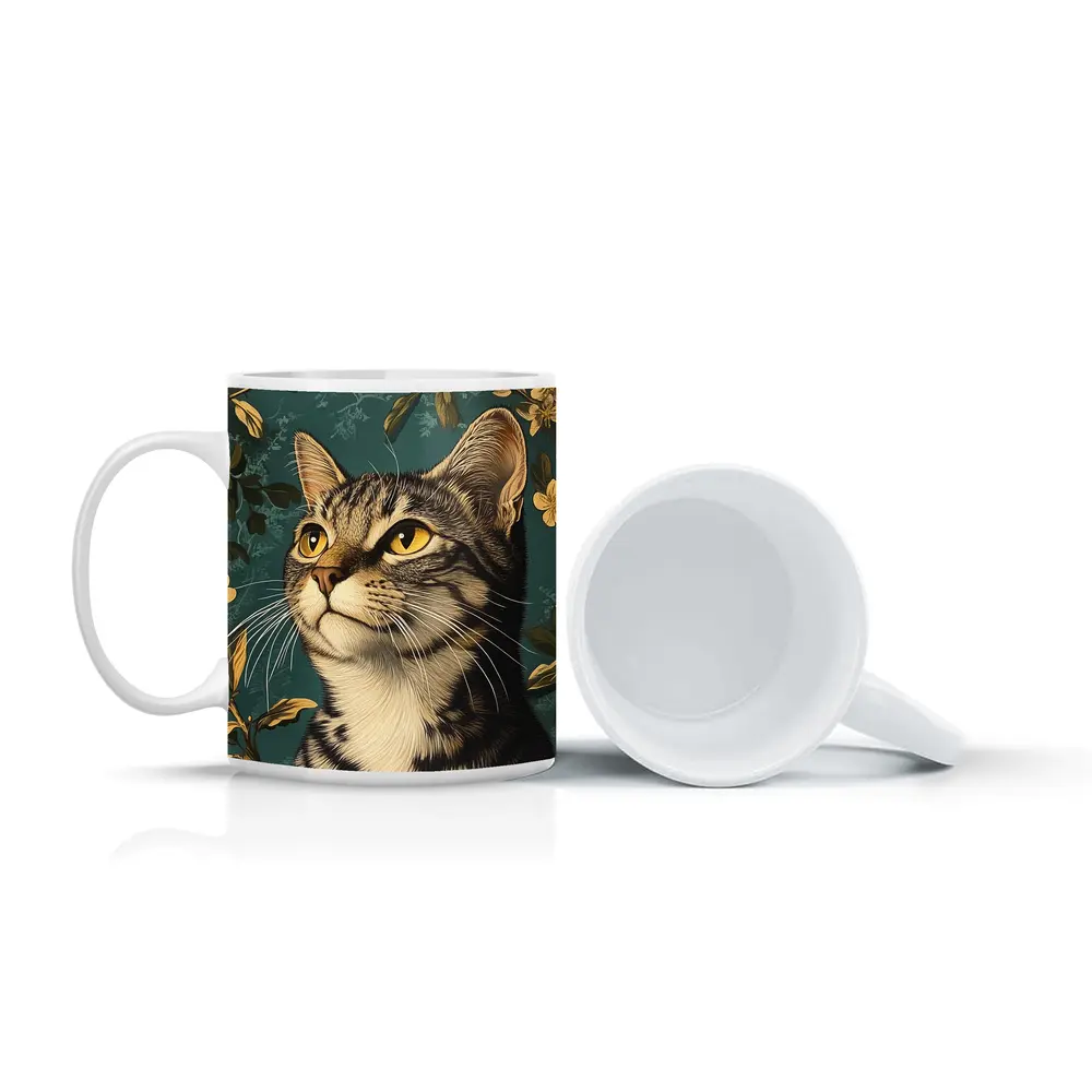 Tabby Cat Portrait Teal Floral Background – Mugs