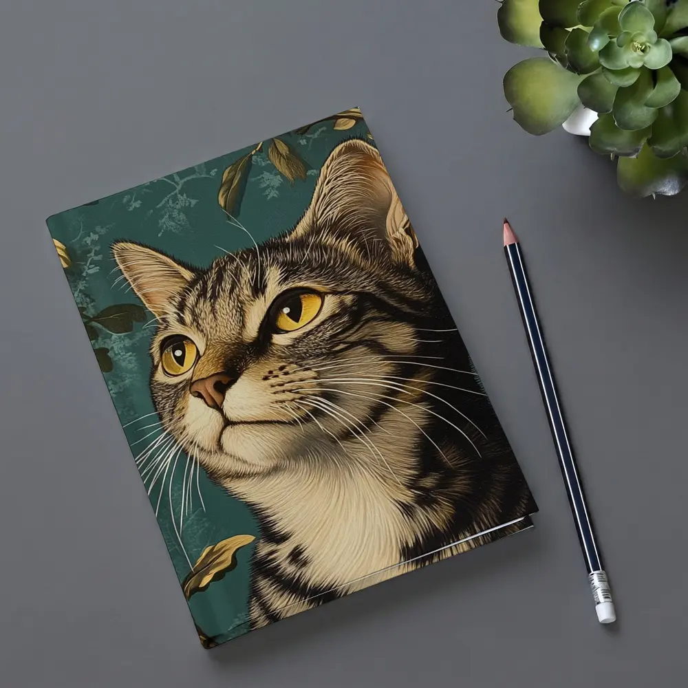 Tabby Cat Portrait Teal Floral Background – Notebooks