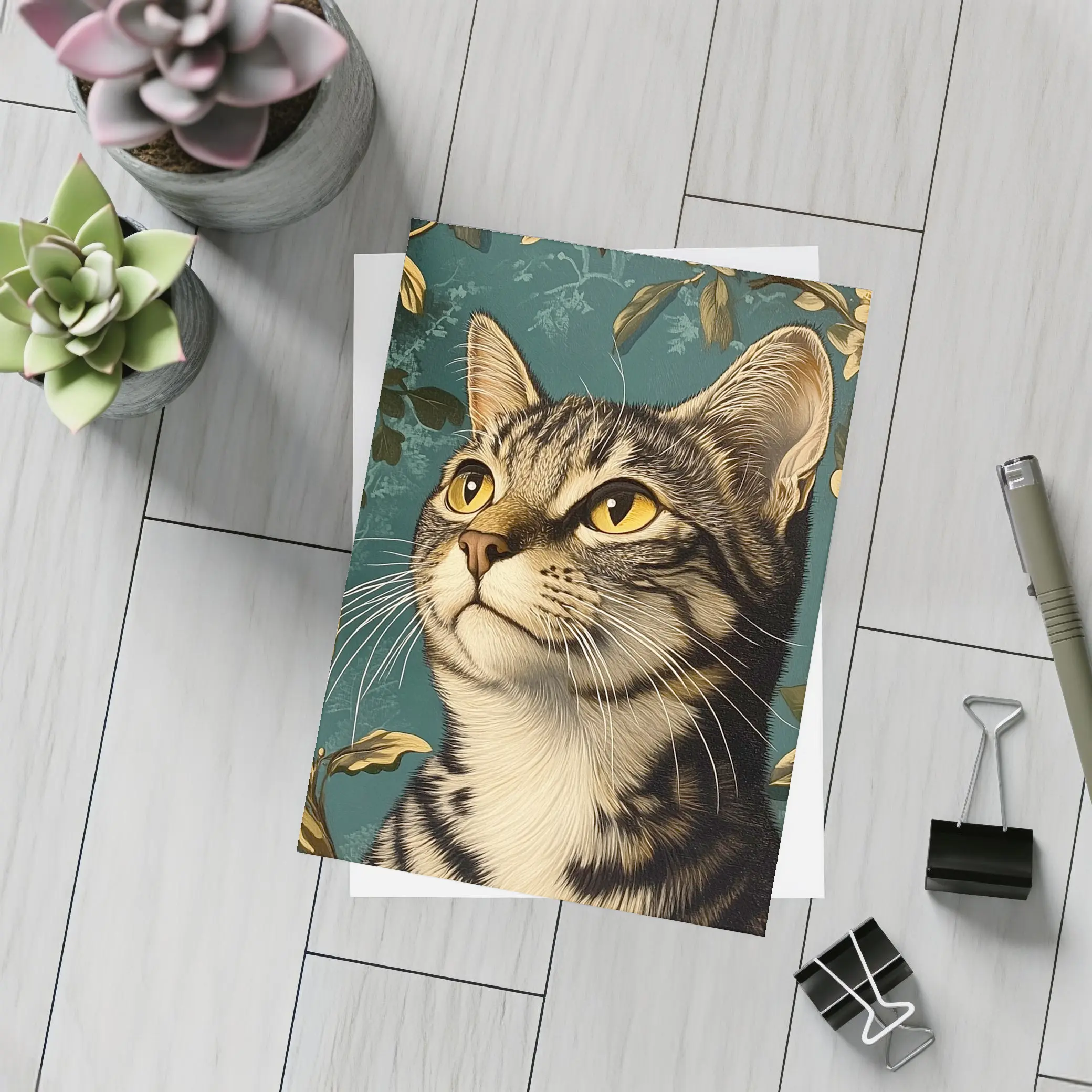 Tabby Cat Portrait Teal Floral Background – Postcards